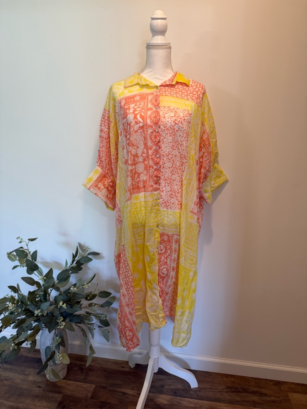 🩷💛 POL Yellow and Coral Patchwork Midi Dress 💛🩷